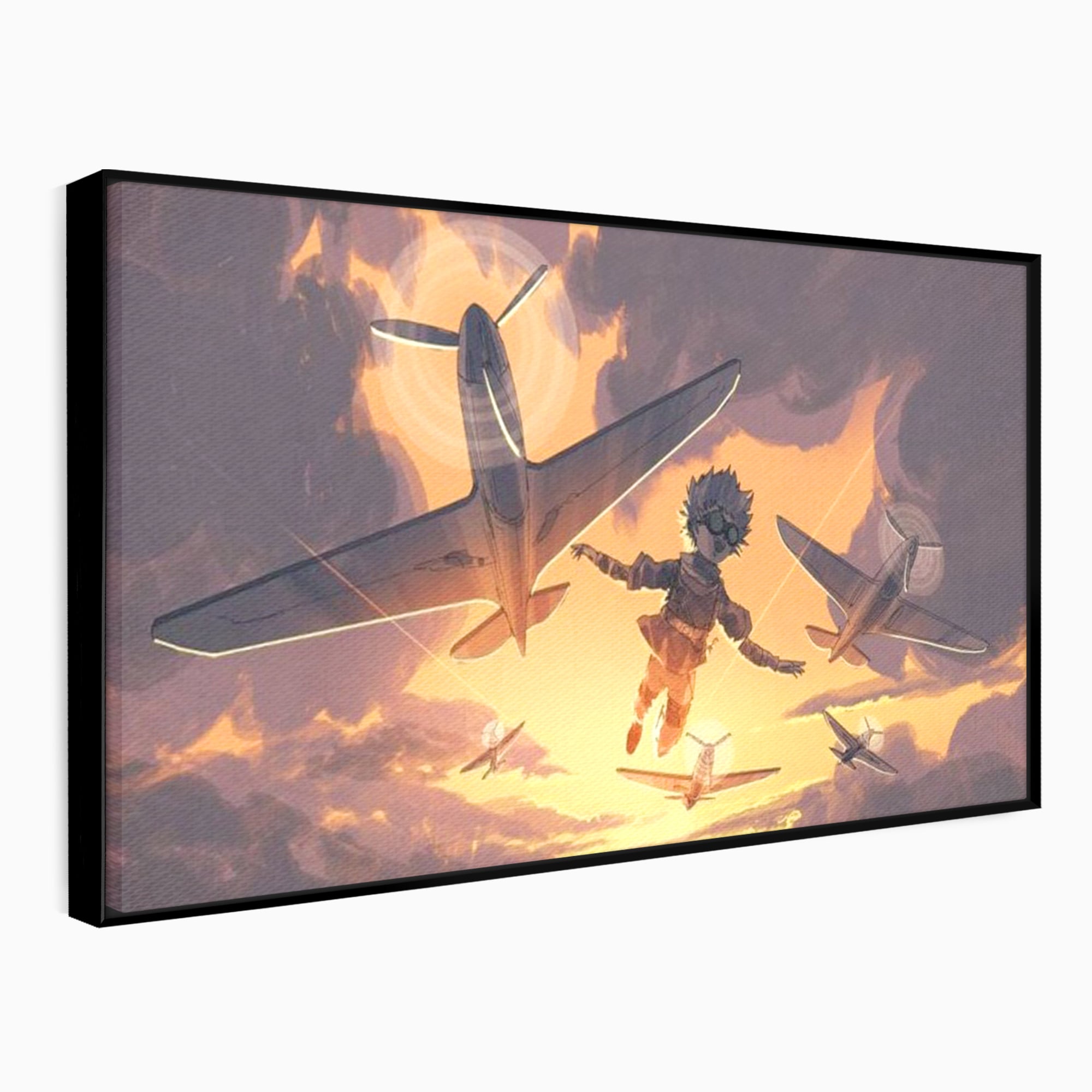 Tablou canvas cu ilustratie digitala cu un baietel zburand alaturi de avioane, in rama de aluminiu negru
